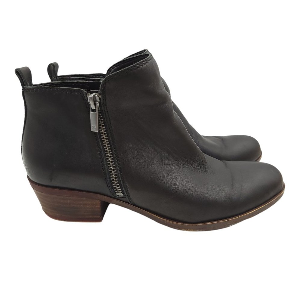Lucky Brand Basel Ankle Boots Womens 9 M Black Leather Booties Block Heel